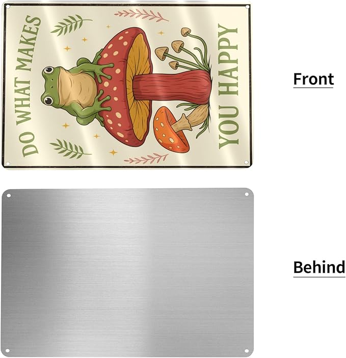 Funny Frog on Mushroom Metal Sign - Cute Cottagecore Forest Wall Decor for Bathroom, Kitchen, Bedroom or Patio - Whimsical 12" x 8" Tin Sign