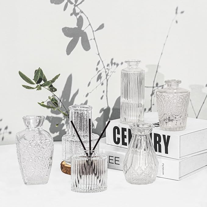 6Pcs Glass Bud Vase Set,Small Flower Vase for Tables Centerpieces Decor, Mini Vintage Clear Vase for Home,Wedding,Party Decorations（6 Pcs，Clear）