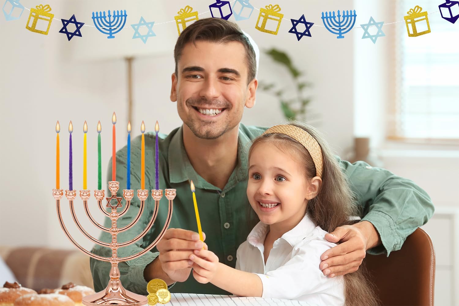 The Dreidel Company Dripless Hanukkah Candles Multicolored Beeswax, Hand-Made Striped Deluxe Tapered Decorations, Chanukkah Menorah Candles for All 8 Nights of Chanukah (Multicolor Beeswax)