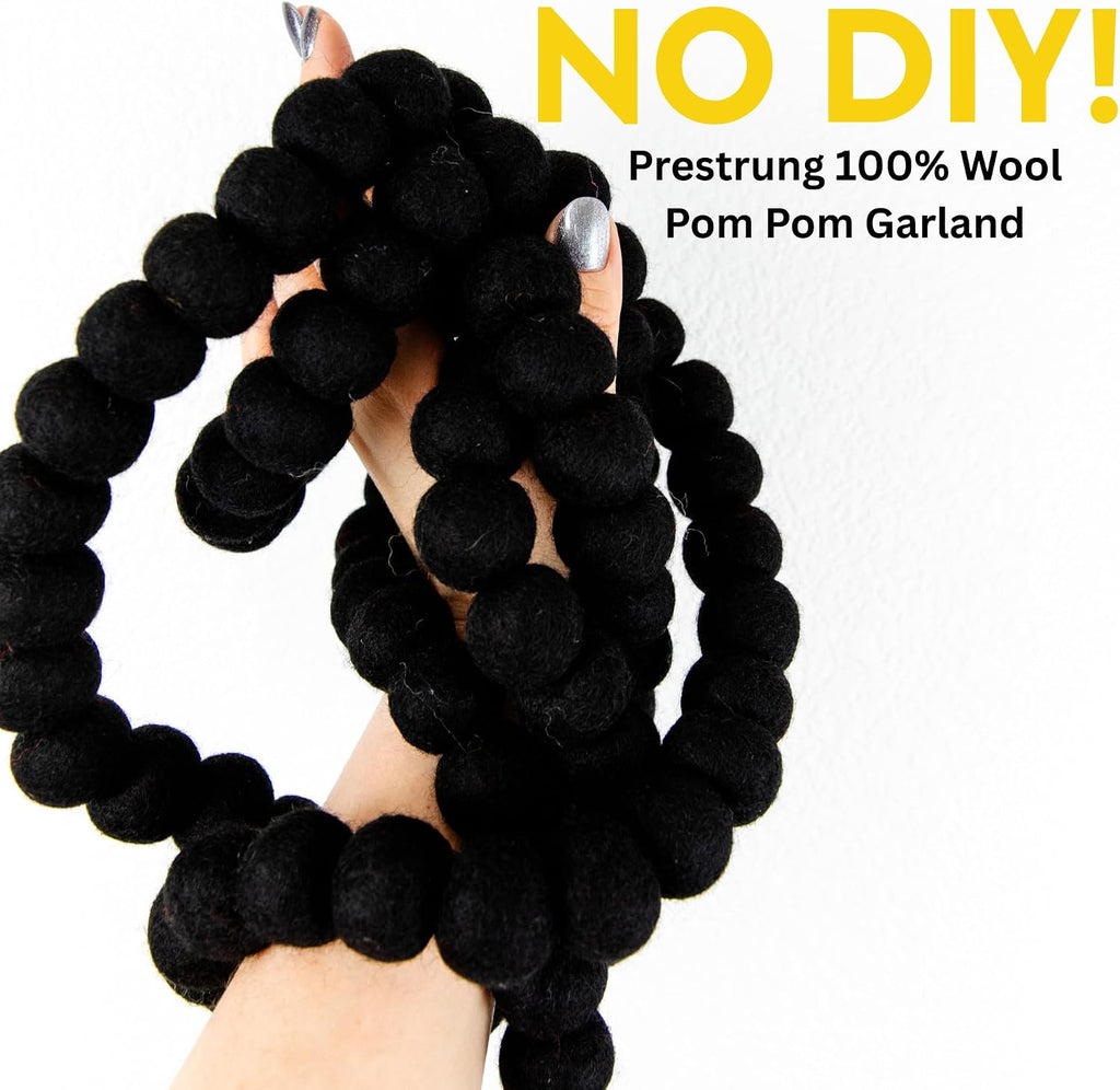 black felt ball garland, wool pom pom garland showing dimensions