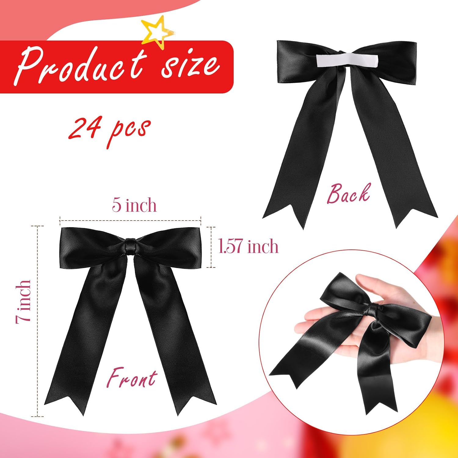 Riceshoot 24 Pcs Black Satin Ribbon Bows 5x7'' Self Adhesive Stick on 1.57 Inch Wide Premade Satin Bows with Double Sided Tape for Gift Wrapping Balloons Crafts Wedding Birthday
