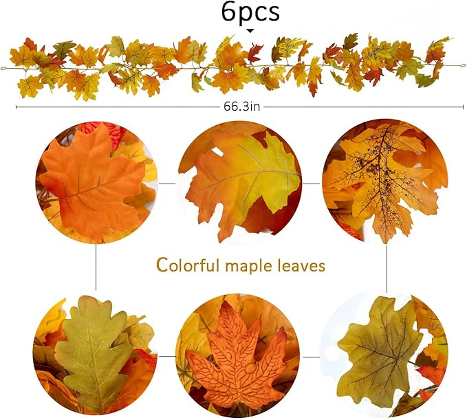 PARTY JOY 6PCS Orange Leaf Garland, 5.6Ft Halloween Garland Artificial Maple Leaf Autumn Hanging Fall Vines Thanksgiving Decorations Fall Decor