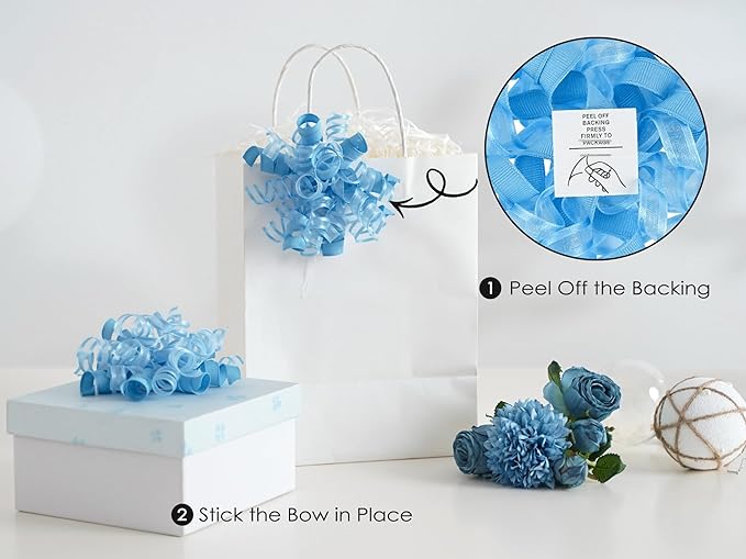 HUIHUANG Blue Bows for Gift Wrapping Baby Blue Gift Bows 5 inch x 8 Counts Self-Adhesive Curly Ribbon Bow for Presents, Paper Bag, Baby Shower Favors, Wrapping Accessories, Party Decor