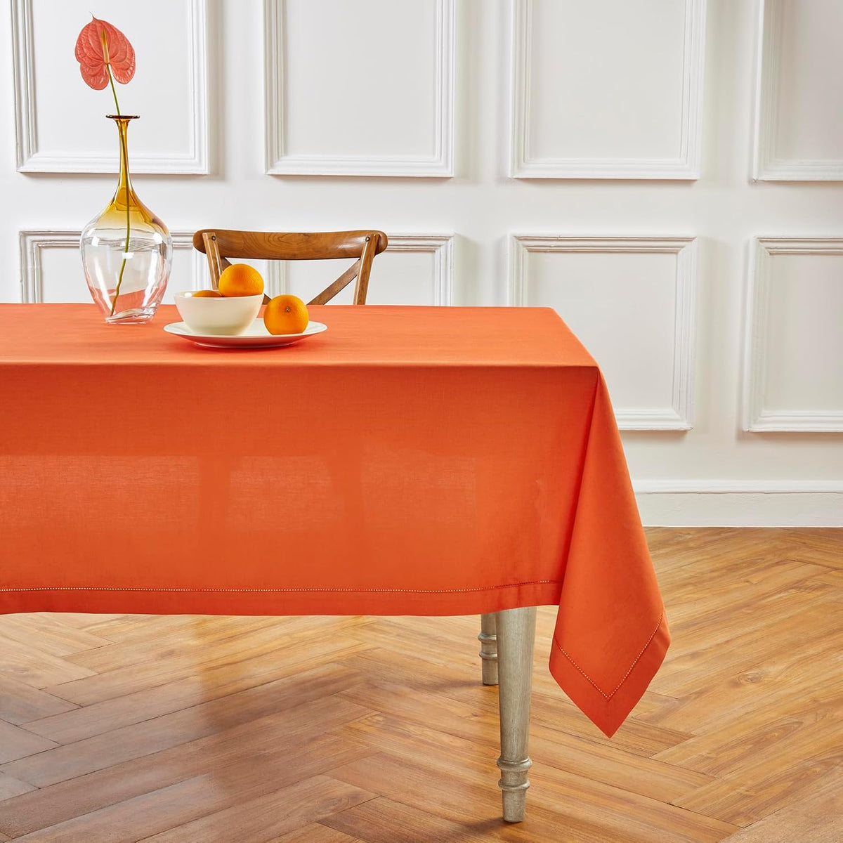 Solino Home Cotton Linen Tablecloth Burnt Orange Hemstitch, 58 x 120 in