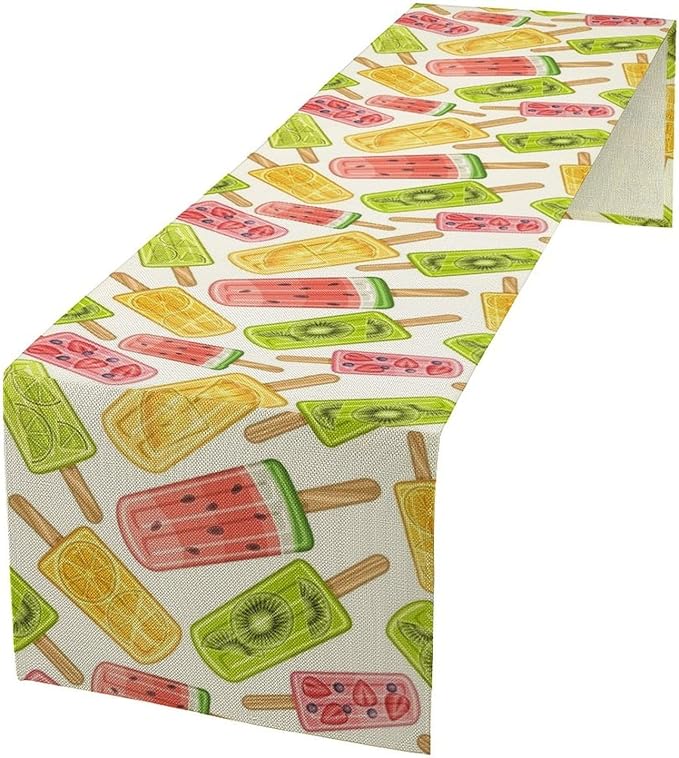 Ce Cream Table Runner, Cold Fruity Popsicles Summer Sweet Seasonal Dinner Runner for Party Holiday Home Kitchen Dining Table Decor 13"x60"