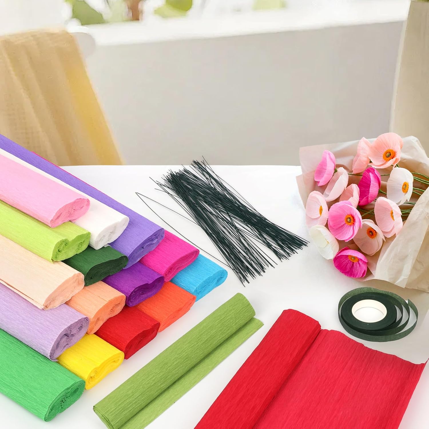 24 Colors Crepe Paper Rolls, 10 x 98 Inch Wide Crepe Paper Sheets with 100 Pcs Green Floral Iron Wire, Floral Band, Double-Sided Tape, and Scissors for Birthday Parties Weddings Festival Decoration