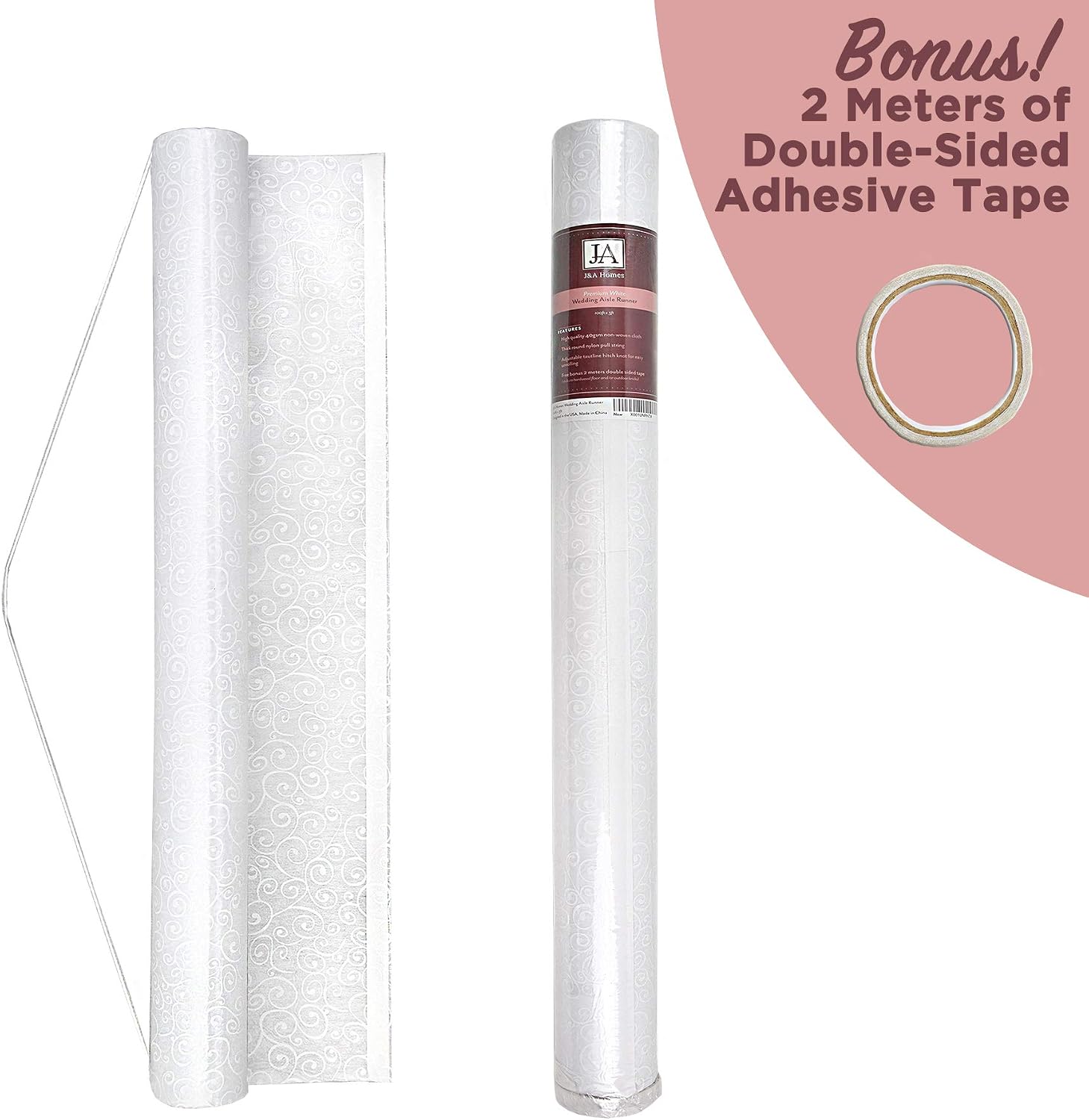 J&A Homes White Wedding Aisle Runner - Professional-Grade Nylon, Includes Tape Double-Sided Adhesive - Disposable Scroll Pattern Runner Great for Indoor or Outdoor Weddings, Prom, Parties