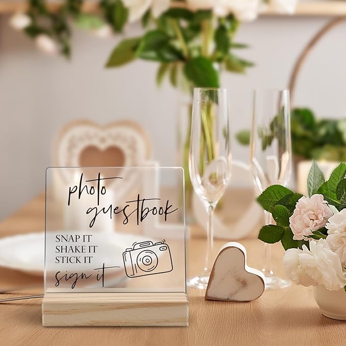 Wedding Guest Book Desk Decor, Acrylic Wedding Signs, Guest Book WeddingReception, WeddingDecor, Photo GuestBook Acrylic Plaque Sign with Wood Stand for WeddingReception Table Decor