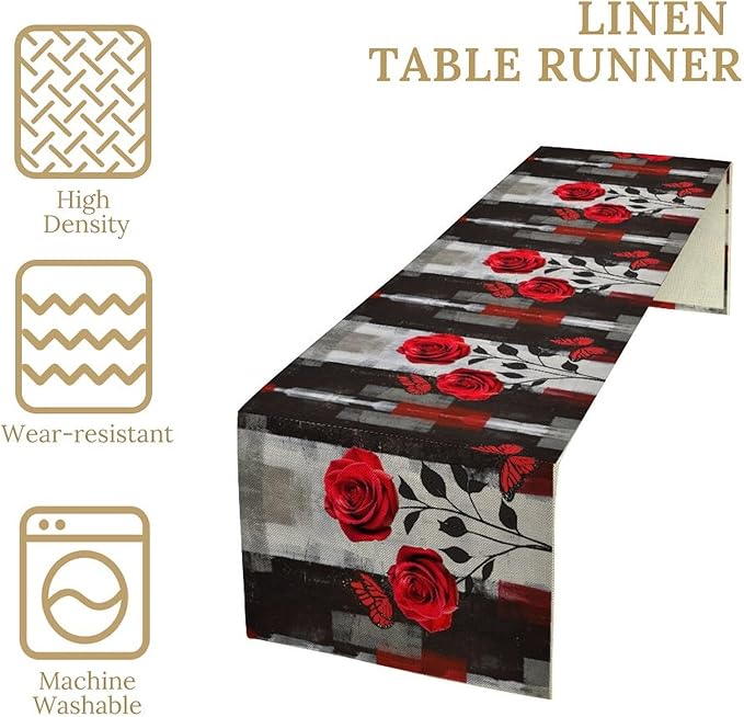 Abstract Art Rose Table Runner, Red Roses Floral Butterfly Black Red Grey Ink Background Pattern Kitchen Dinning Table Runner for Indoor Outdoor Home Wedding Party Holiday, 13x120 Inch
