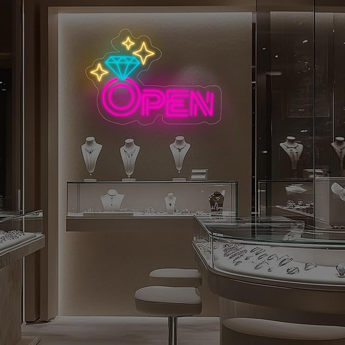 Diamond Open Indoor Neon Sign For Jewelry Store Custom Led Neon Sign Business Decor Store Decor Diamond LED Light Wall Art Decoration, 16.5"x11", Pink