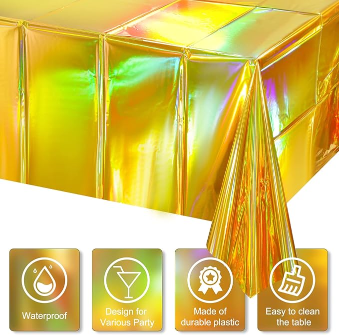8 Pack Gold Iridescent Plastic Tablecloths Shiny Disposable Laser Rectangle Table Covers Holographic Foil Tablecloth Iridescent Party Decorations Birthday Bridal Wedding Christmas, 54 x 108 Inch