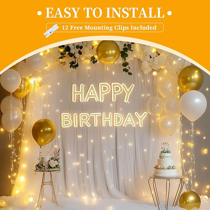 10x10ft White Tulle Backdrop Curtain with String Lights, Wrinkle-Free Sheer Wedding Backdrop for Birthday Parties, Baby Showers, Bridal Showers, Photo Shoots and Home Decorations, White
