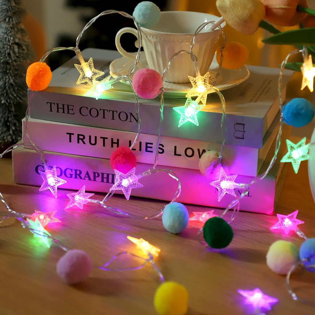 9.85FT String Lights for Kids Room with 20 Cute PomPoms 20 Colorful Star LED Indoor String Lights Battery Operated with Timer for Girls Bedroom Birthday Party Kids Playhouse Wedding Party Decoration