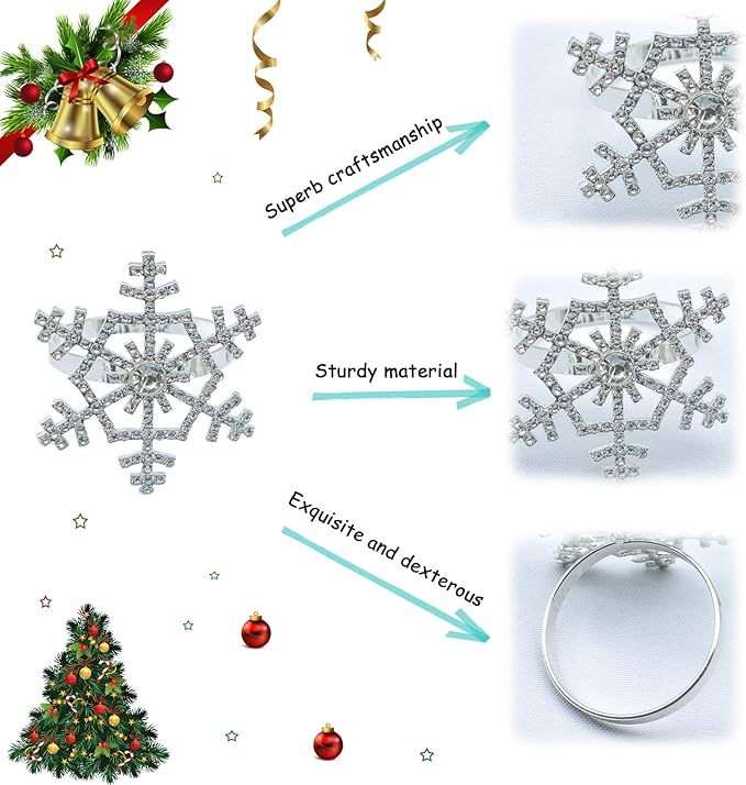 Halatool Set of 6 Christmas Rhinestone Snowflake Napkin Rings for Xmas Dining Table- Napkin Ring Holder for Christmas, Thanksgiving, Holiday Party Table Decoration