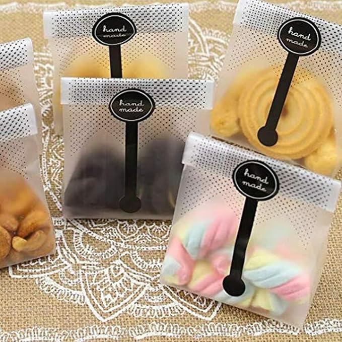 Cookie Bags for Packaging, Searik Translucent Plastic Cellophane Pastry Treat Bags for Party Gift Giving Bakery Bread Candy Chocolate Wrapping Goods with Stickers and Ribbon (3.5 x 8.8 Inches, 80 Pcs)