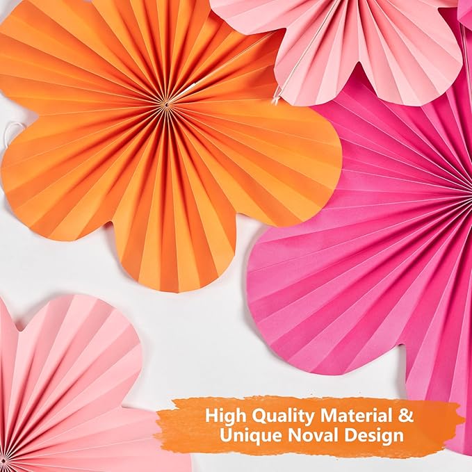 SUNBEAUTY 9 PCS Pink and Orange Party Decorations Pink Party Decorations Paper Fans Party Decorations Sunset Party Decorations Flower Party Decorations Paper Flowers Decorations for Wall