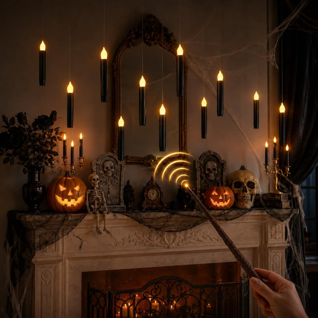 Lezonic 12Pcs Floating Candles with Wand and Remote, Magic Black Flameless Candles Battery Operated, Flikering Hanging LED Taper Candlesticks Halloween Decorations, 0.8" x 6"