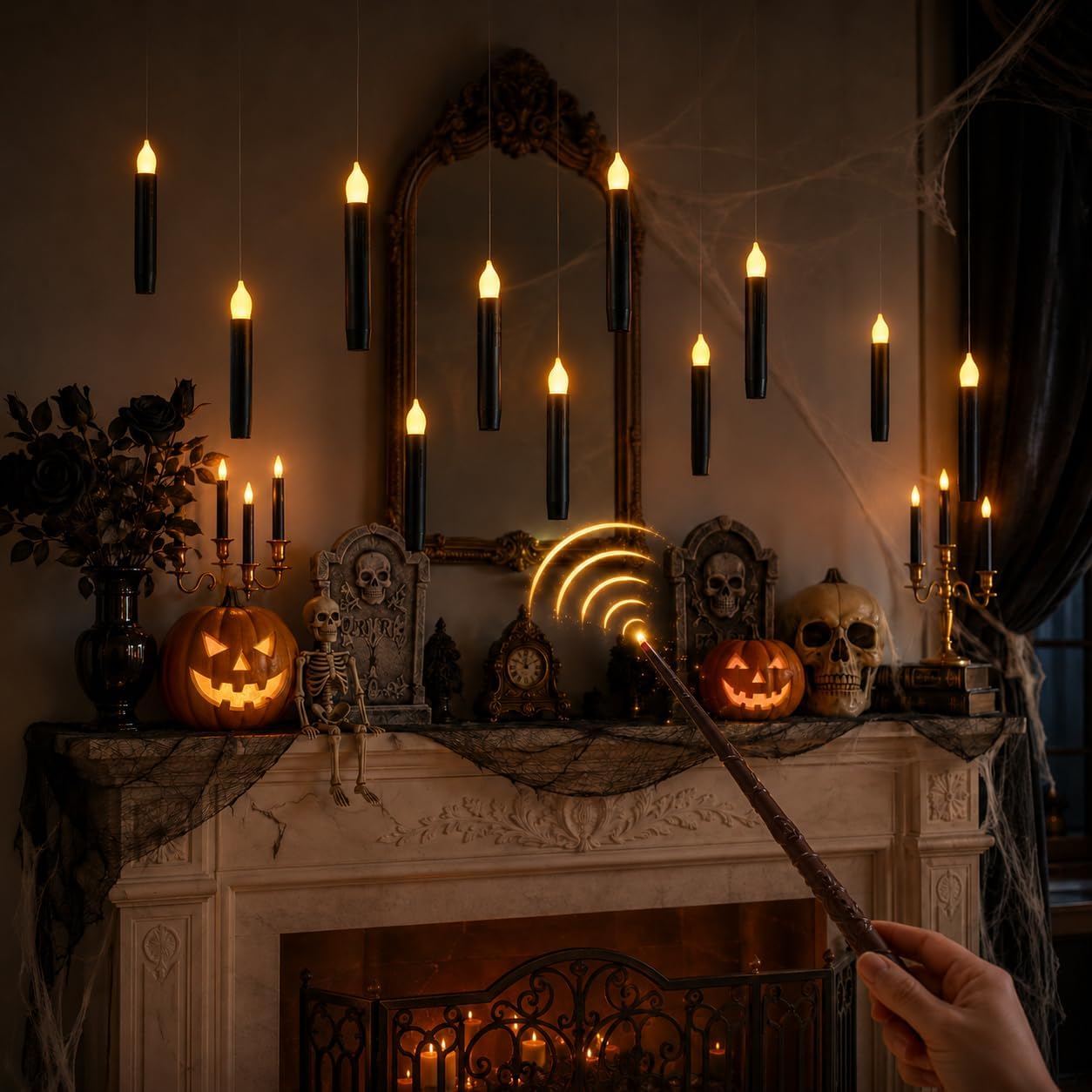 Lezonic 12Pcs Floating Candles with Wand and Remote, Magic Black Flameless Candles Battery Operated, Flikering Hanging LED Taper Candlesticks Halloween Decorations, 0.8" x 6"