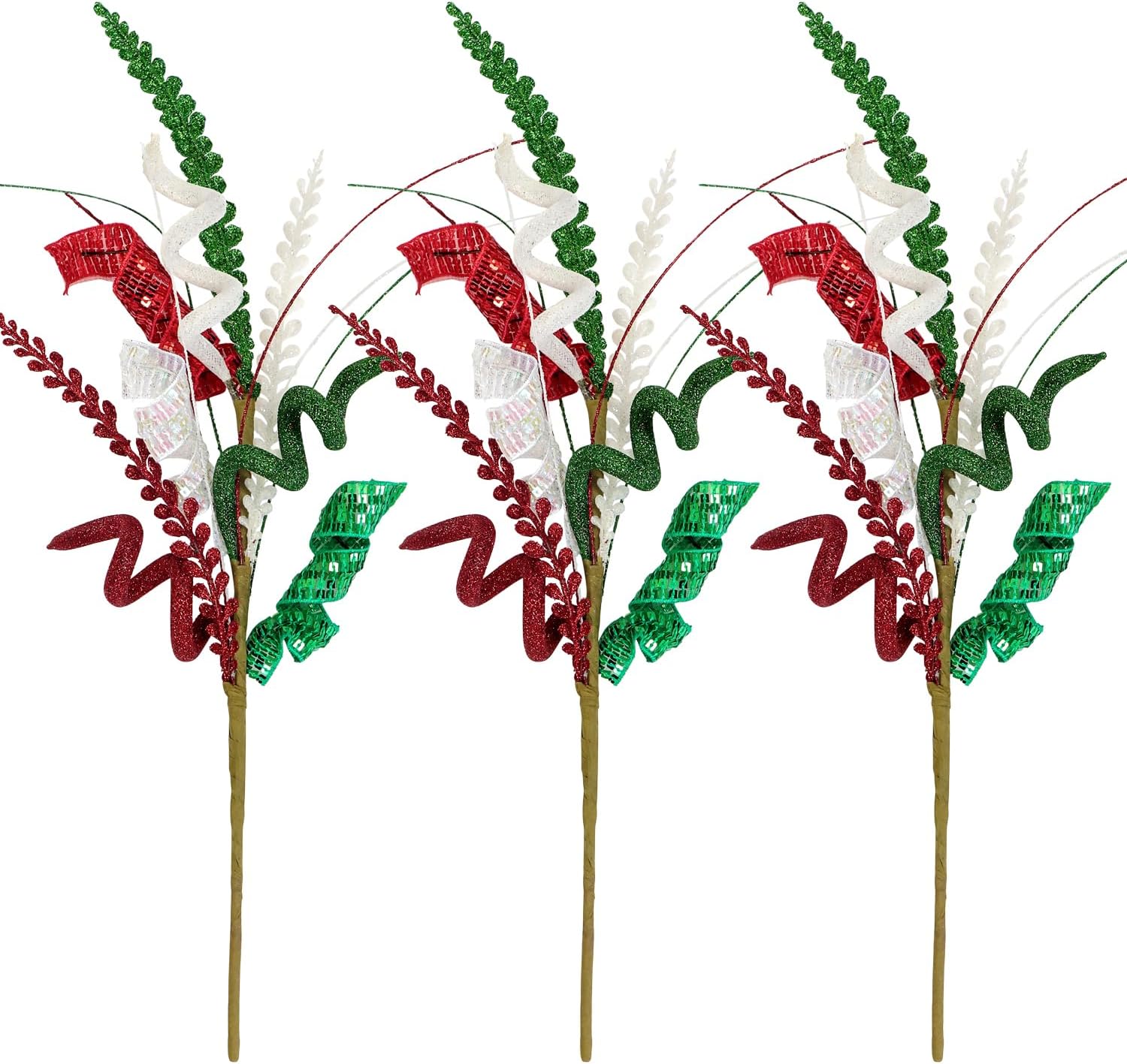 Glitter Curly Sprays Set of 3 Artificial Leaf Christmas Tree Topper Picks 20" Sequins Spiral Stems Candy Sticks for Xmas Tree Wreath Vase Fillers Branches Winter DIY Crafts (Red Green White)
