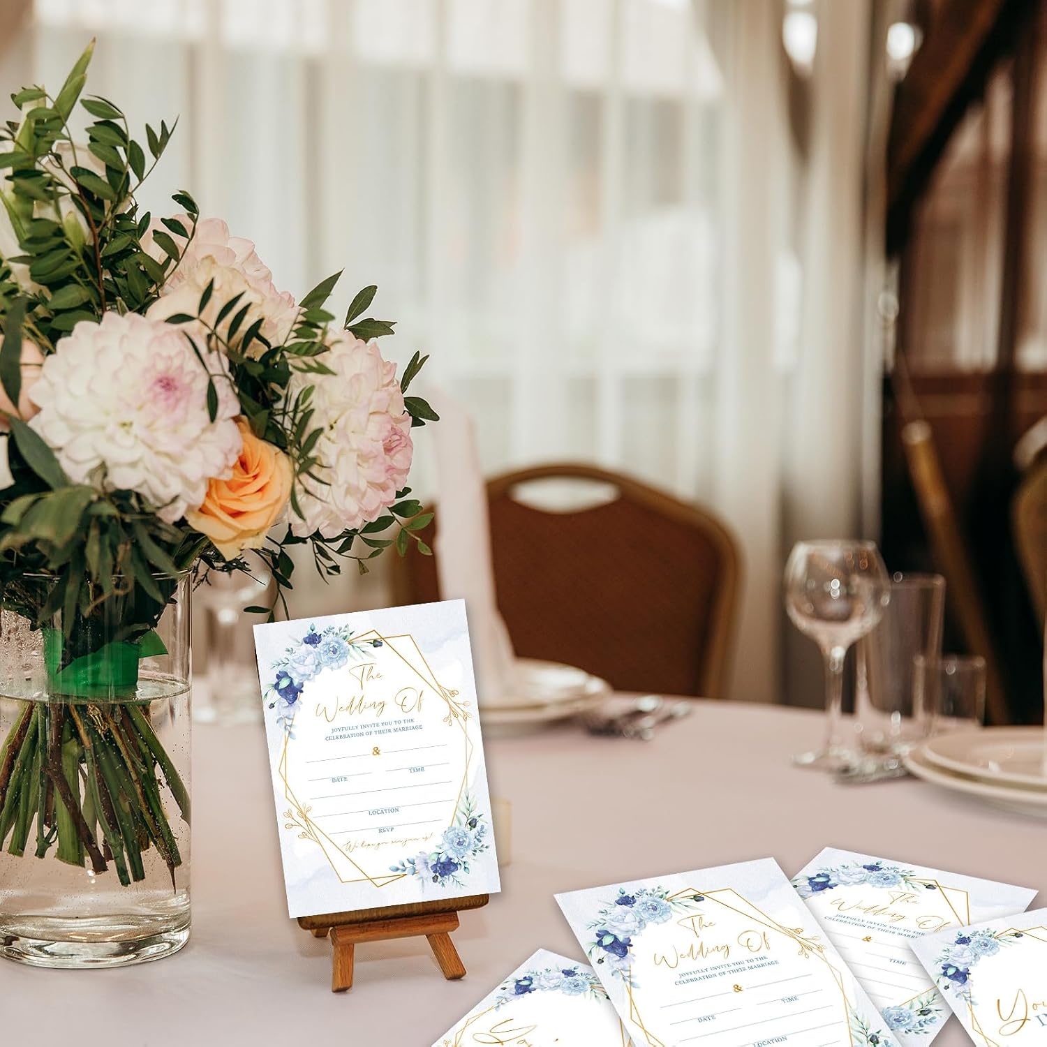 Dusty Blue Floral Wedding Invitations, 5"x 7" Elegant Blue Roses Wedding Invites Card With Envelopes, 25 PCS for Party Decorations and Supplies - A14