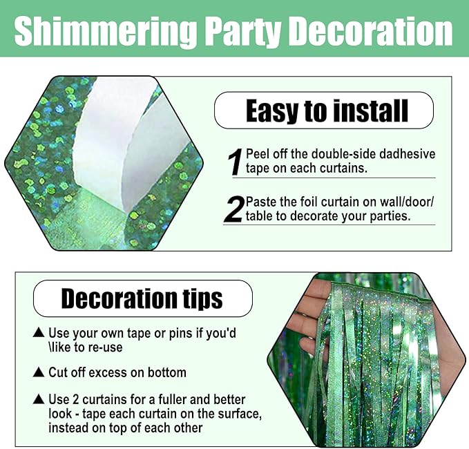 6 Pack Light Green Foil Fringe Curtain Backdrop, 3.28Ft x 8.2Ft Metallic Tinsel Foil Fringe Streamer Curtains for Photo Booth, Valentine's Day, Christmas Day, New Year, Wedding Party Decorations