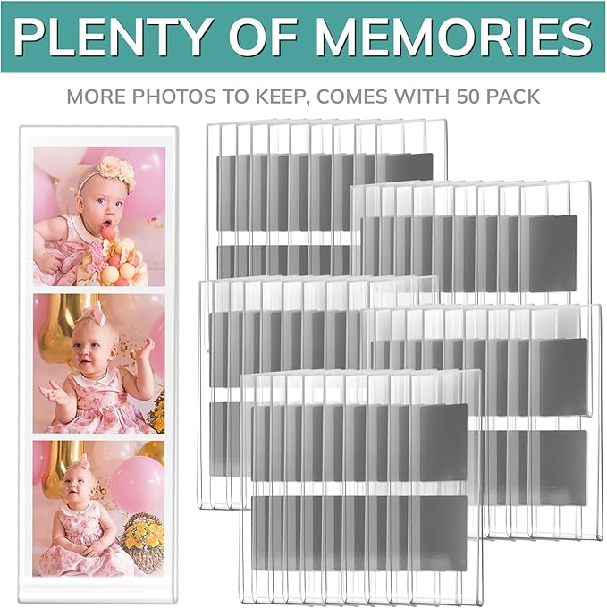 pbf PHOTO BOOTH FRAMES 2x6 Magnetic Picture Frames for Refrigerator | 2 x 6 Clear Magnetic Acrylic Frames for Photo Strips | Magnetic Photo Holders for Fridge, Locker, Sign Holder (50-Pack)