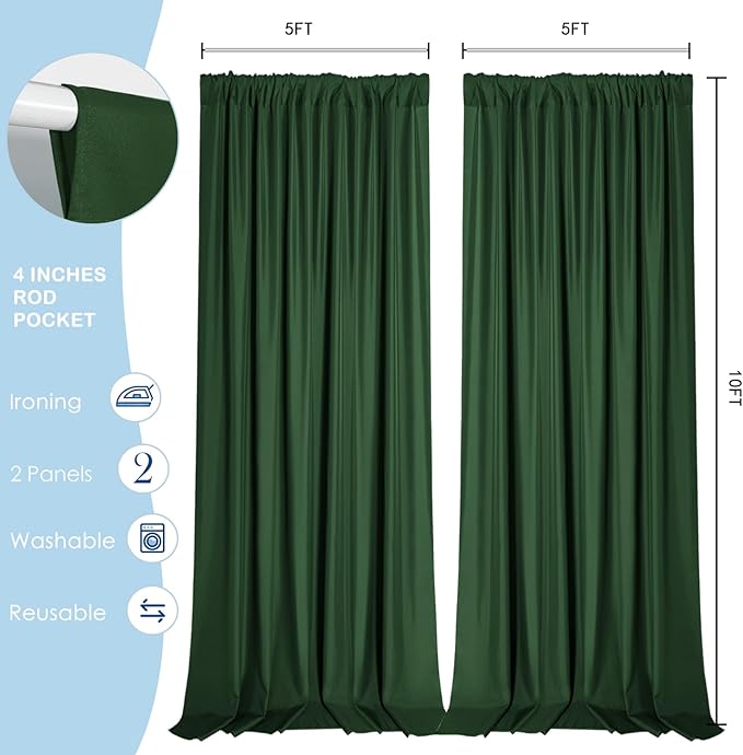 Sugargirl 10x10FT Green Backdrop Curtains Polyester Photo Backdrop Drapes Curtains 2 Panels with Rod Pockets for Party Birthday Wedding Photography Home Decoration