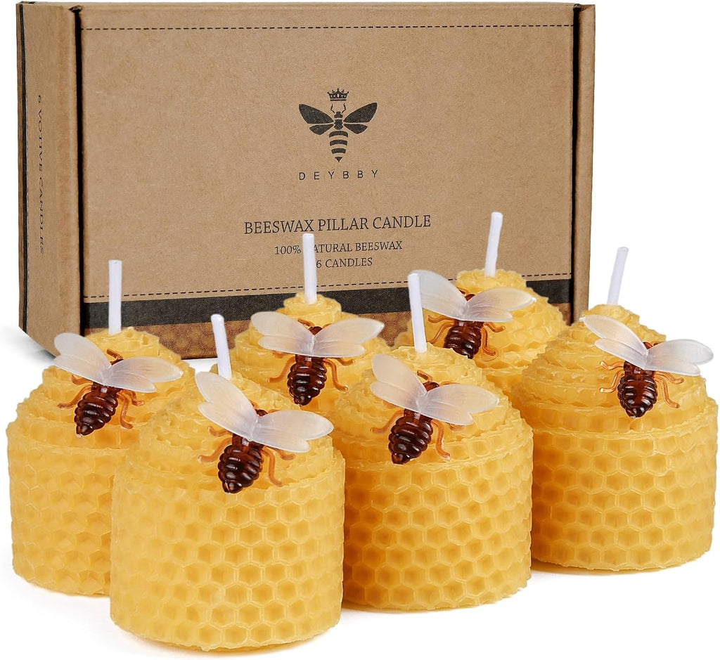 DEYBBY Natural Beeswax Candles Set of 6, Small Bees Wax Votive Candles with Little Bee Decorations as Housewarming Birthday Event Gift Party Favor (Yellow)