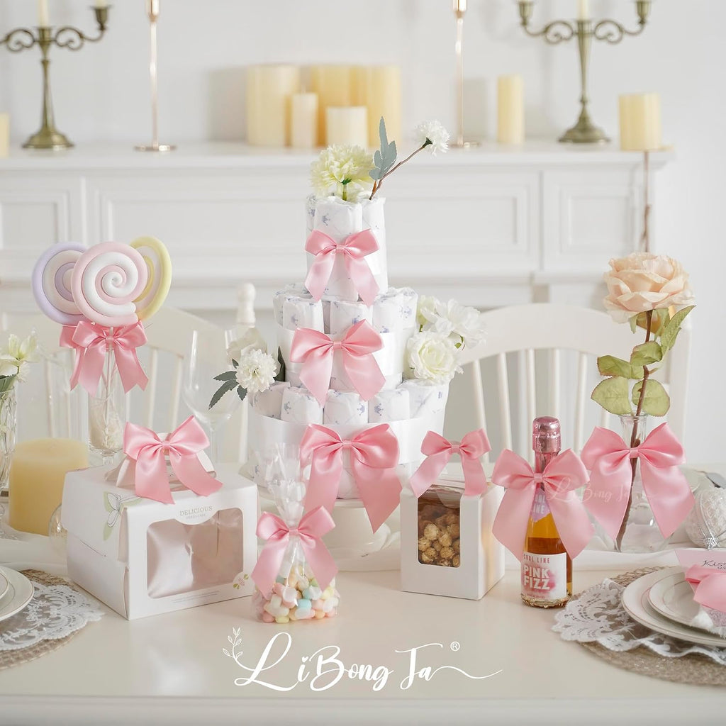 24 PCS Pink Bows for Gift Wrapping 4.5" Pre-Tied Twist Tie Bows Baby Pink Satin Ribbon Bow for Presents Candy Treat Bags Crafts Baby Shower Birthday Party Wedding Decor
