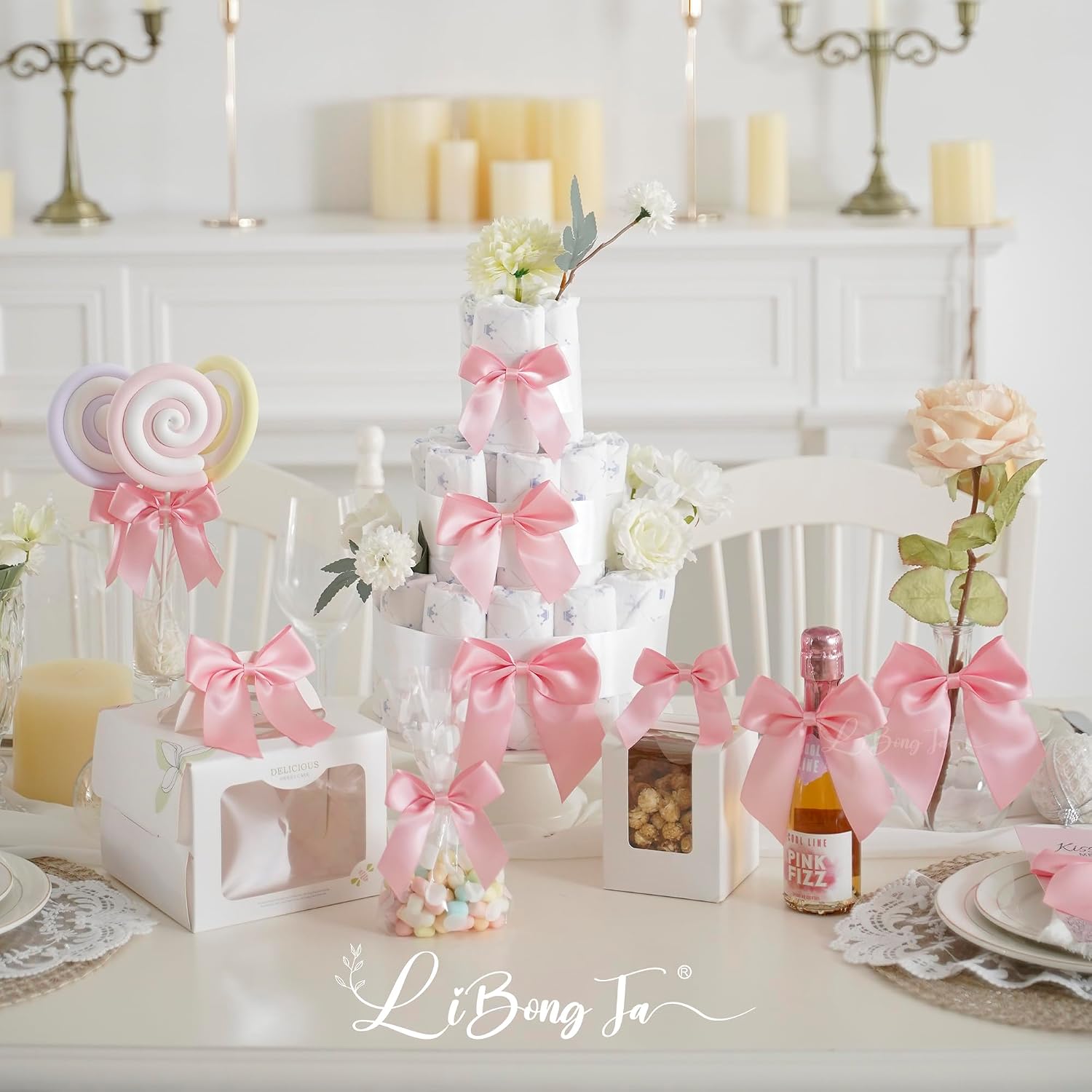 24 PCS Pink Bows for Gift Wrapping 4.5" Pre-Tied Twist Tie Bows Baby Pink Satin Ribbon Bow for Presents Candy Treat Bags Crafts Baby Shower Birthday Party Wedding Decor
