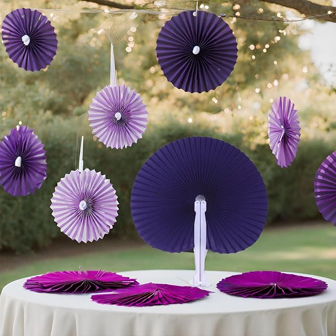 12 Packs Decorative Paper Folding Hand Fans Handheld,Purle Round Foldable Wedding Fans Chinese and Japanese Fans Bulk for Bridal Guest Church Party Favors Dancing Birthday DIY