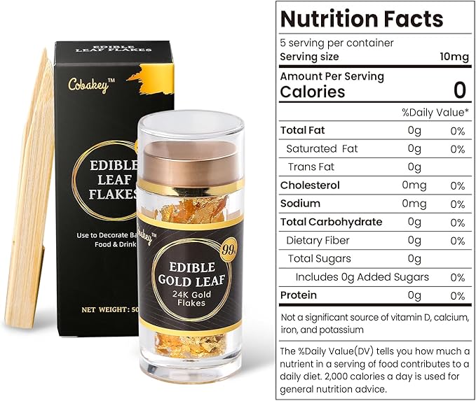 Cobakey Genuine Edible Gold Leaf Flakes - 50mg Edible Gold Flakes for Cake Decoration (Cupcake, Chocolate, Steak, Drink & Cooking), PureGold Leaf with Edible Glitter & Wooden Tweezers