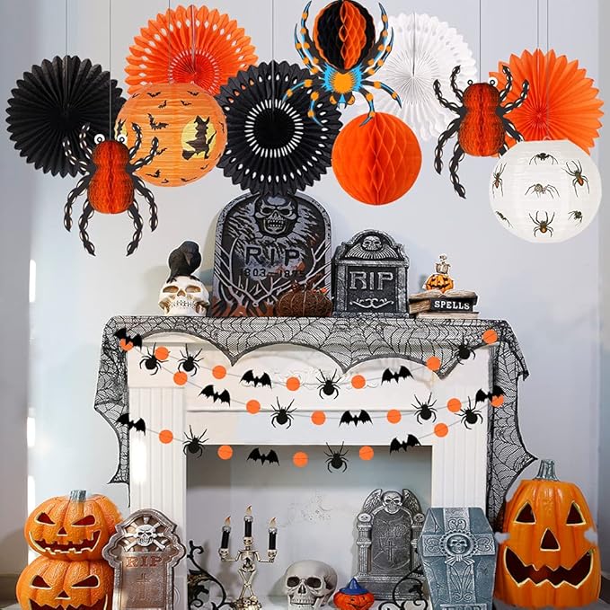 Halloween Party Decorations, Hanging Spider Bat Paper Lanterns Spiders Honeycomb for Halloween Home Decor Birthday Party Supplies Props (Orange, Black)