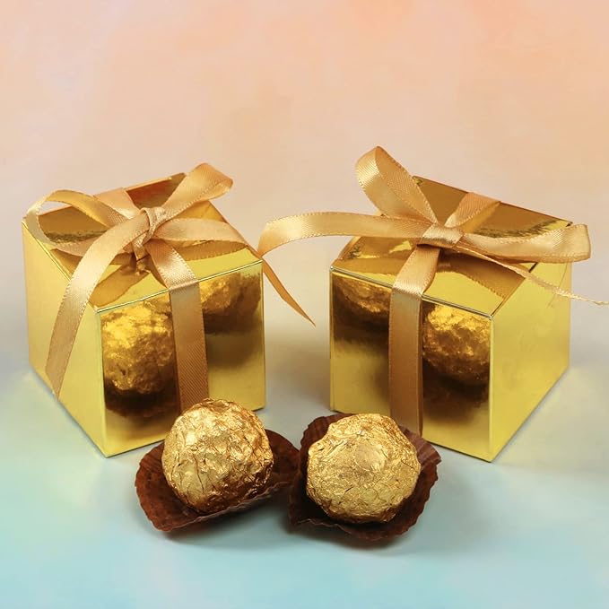 COTOPHER 100pcs Small Gift Boxes, Favor Boxes 2x2x2 inches Paper Gift Boxes with Ribbons Candy Box for Wedding Favors Baby Shower Bridal Shower Birthday Party (100pcs 2x2x2, Gold)