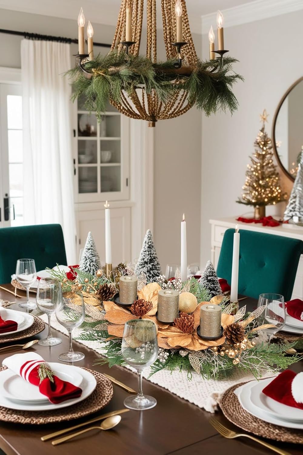 35" Champagne Christmas Centerpiece with Candle Holders, Magnolias Gold Christmas Balls Berries Leaves Branches Pine Cones Pine Needles for Xmas Table Decor, Holiday Candelabrum for Mantel Decorations