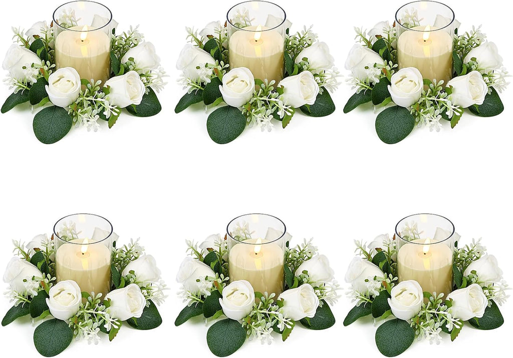 White Rose Candle Rings with Flameless Candles Sets - 12PCS Artificial Flower Eucalyptus Wedding Centerpiece 3 Inch Pillar Candleholders Wreaths for Wedding Party Decor (White - 6 Sets)