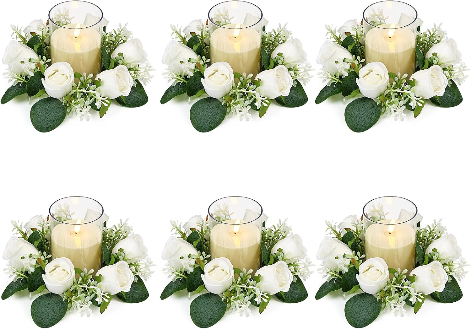 White Rose Candle Rings with Flameless Candles Sets - 12PCS Artificial Flower Eucalyptus Wedding Centerpiece 3 Inch Pillar Candleholders Wreaths for Wedding Party Decor (White - 6 Sets)