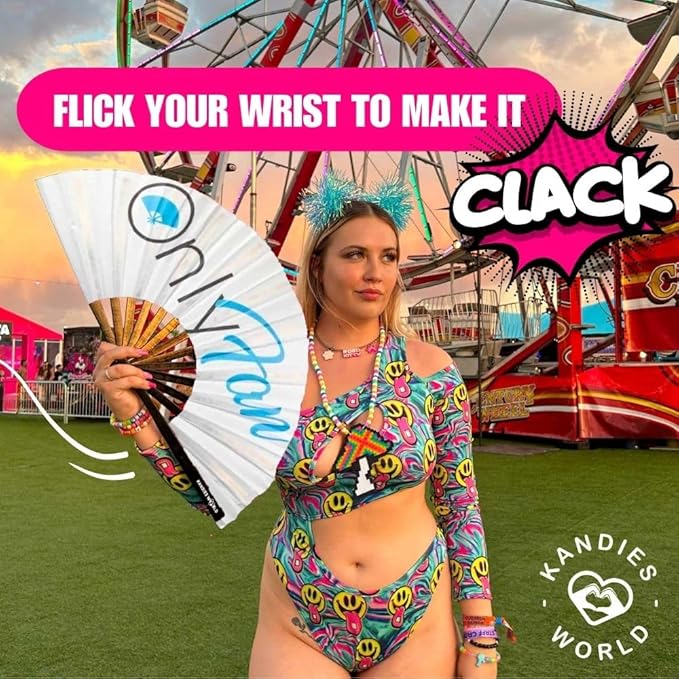 Kandies World UV Reactive Custom Festival Folding Hand Fan - Unique Designs, Made of Bamboo, Clacking Sound, Lightweight - Perfect Rave and Festival Accessory!