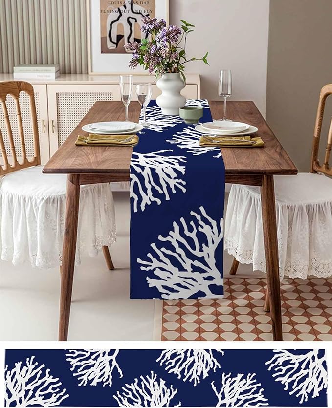 Coastal Coral Cotton Linen Table Runner for Dining Kitchen, Wedding Outdoor Party Tablerunners Decoration, Navy Blue Nautical Ocean Beach Dresser Scarf Coffee Tablecloth Runners 13x48 Inches