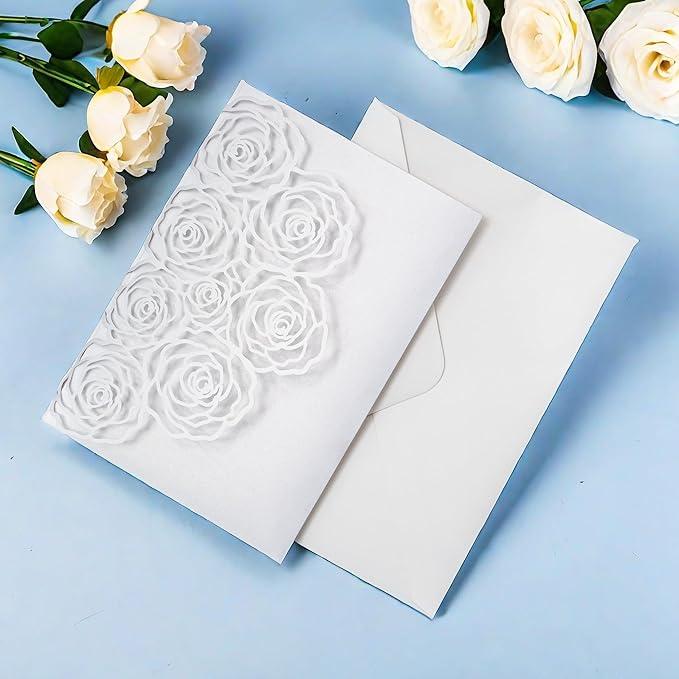 20 Pcs Laser Cut Wedding Invitations Card Pocket with Envelope for Birthday Party Baby or Bride Shower Invite suitable for 5 * 7 Inches Insert Paper (White)