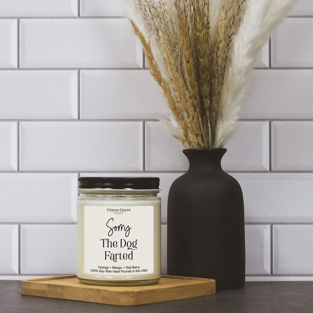 CEDAR CRATE MARKET - Gifts for Dog Lovers | Dad Gifts | Pet Sitter Gift | Funny Candle for Men Women | Sorry The Dog Farted Candle | Orange Patchouli Scented | Made in The USA