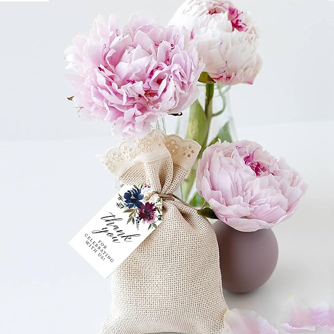 Andaz Press 100-Pack Thank You for Celebrating with Us Favor Tags Navy Blue Burgundy Florals Cardstock Gift Tags with Bakers Twine for Wedding Baby Shower Bridal Shower Party Favors 2 x 3.75-Inches
