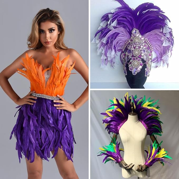 Holmgren Purple Rooster Feather Trim - 10-12inch 2 Yards Large Rooster Tail Feathers Fringe Trim for DIY Sewing Crafts, Feather Cape Shawl, Mardi Gras Party Costume Decoration (Purple)