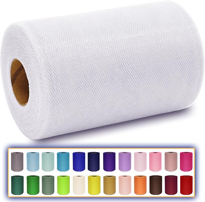White Tulle Fabric Roll 6 Inch X 300 FT (100 Yards) Matte Tulle Ribbon Netting Mesh Spool for DIY Tutu Skirt Wedding Bow Gift Wrapping Baby Shower Christmas Party Halloween Decorations