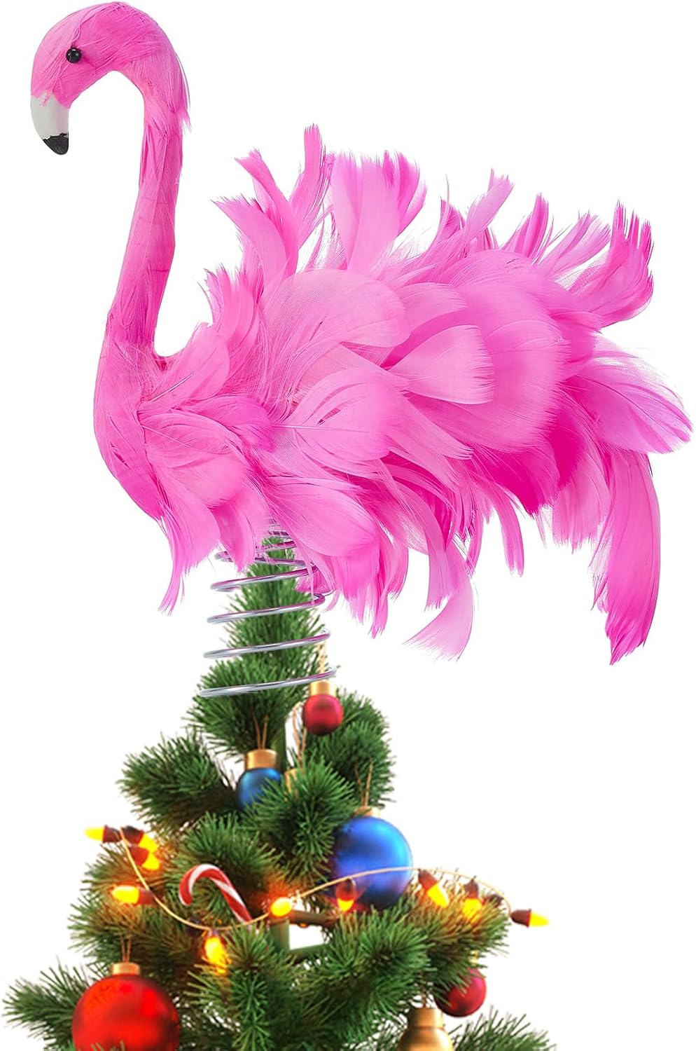 Pink Flamingo Christmas Tree Topper, Fluffy Feather Flamingo Tree Topper, Tropical Summer Tree Ornaments Christmas Tree Decor for Holiday Xmas Party Home (Pink, One Size)
