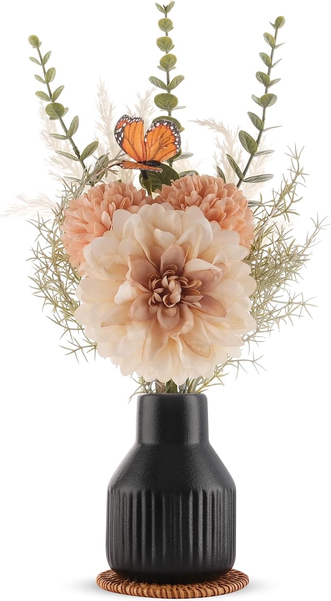 Small Fake Flowers in Vase 14" Centerpiece Table Decorations Silk Flowers Arrangements Ceramic Vase Dahlia Chrysanthemum Artificial Flowers Bouquet for Bathroom Dining Room Kitchen Wedding (Black)