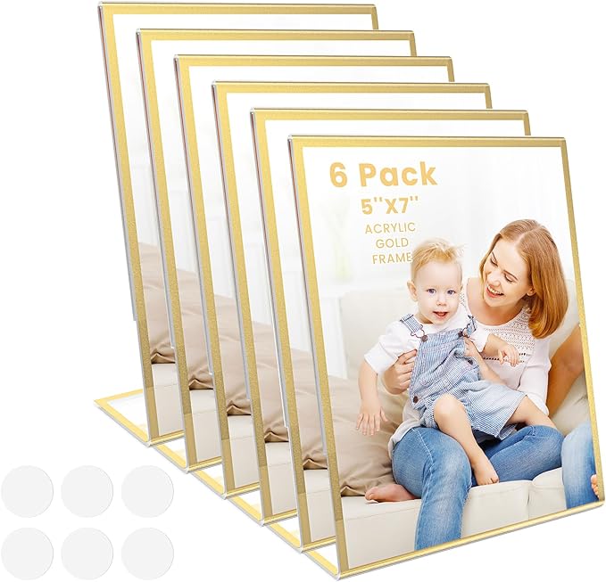 Acrylic Gold Frames 5X7, Slanted Back Gold Picture Frames Table Acrylic Sign Holder for Photos Wedding Table Numbers and Art Display with Removable Clear Sticky Dots，6 Pack