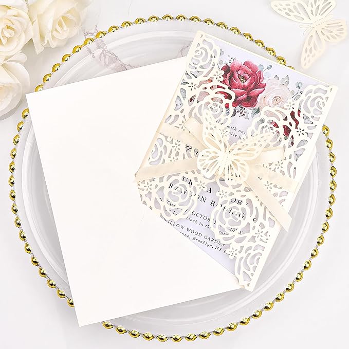 Wedding Invitations Ivory 50 Pack - Butterfly Laser Cut Invitation Sleeves with Blank 250GSM Pearlescent Paper Insert Make Your Own Party Invitations Wedding Quinceanera Bride Shower