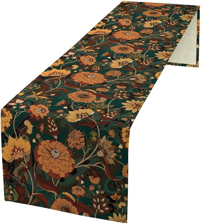 Orange Boho Floral Table Runner, Vintage Bohemian Home Kitchen Table Decoration for Birthday Party Picnic Decoration 13x36 Inch 1PCS