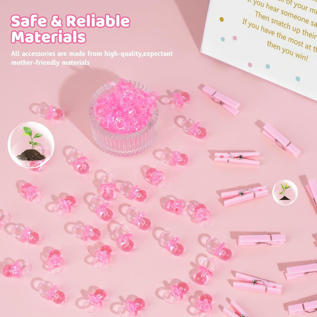 Don't Say Baby Shower Clothespin Game for Girl Includes 8x11 Standing Sign, 60 Mini Pink Clothes Pin, 60 Mini Pacifiers